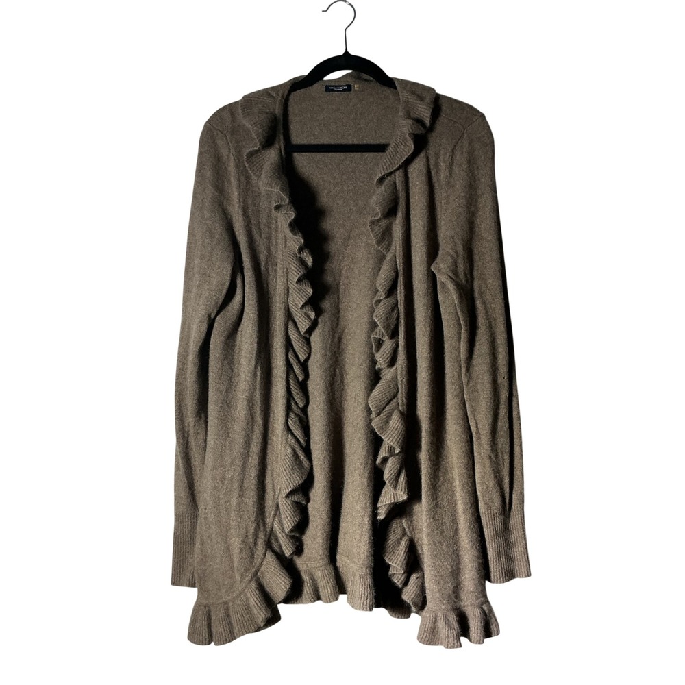Magaschoni Ruffle Trim Cashmere‎ Cardigan Womens Brown Open Front Knit Hole